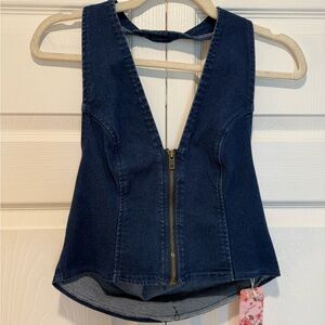 Dark Blue Denim Halter Top with Zipper